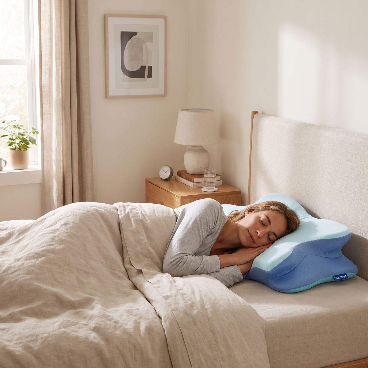Side sleeper on the blue cooling contour pillow