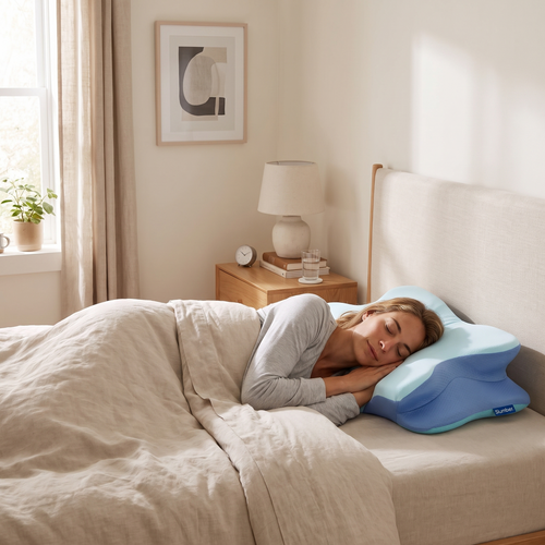 Side sleeper on the blue cooling contour pillow