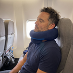 Chin resting on the double support travel pillow