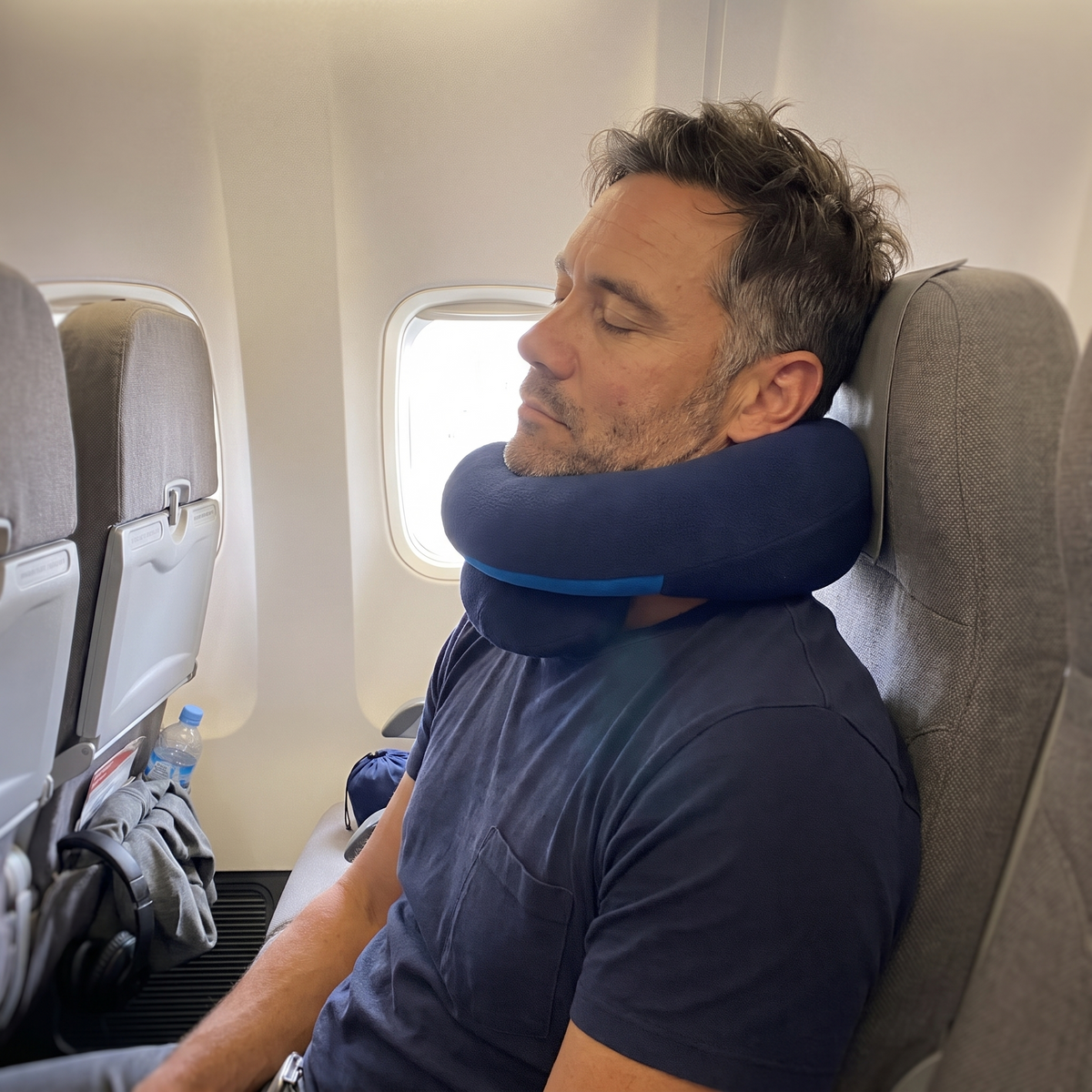 Chin resting on the double support travel pillow
