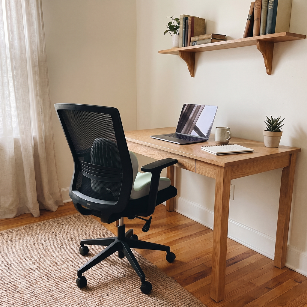 Green seat cushion on a desk chair