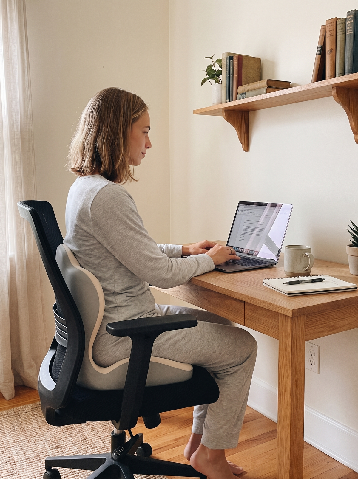 Working from home on the white seat cushion