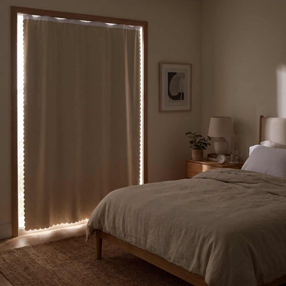 Beige blackout curtain on a bedroom window