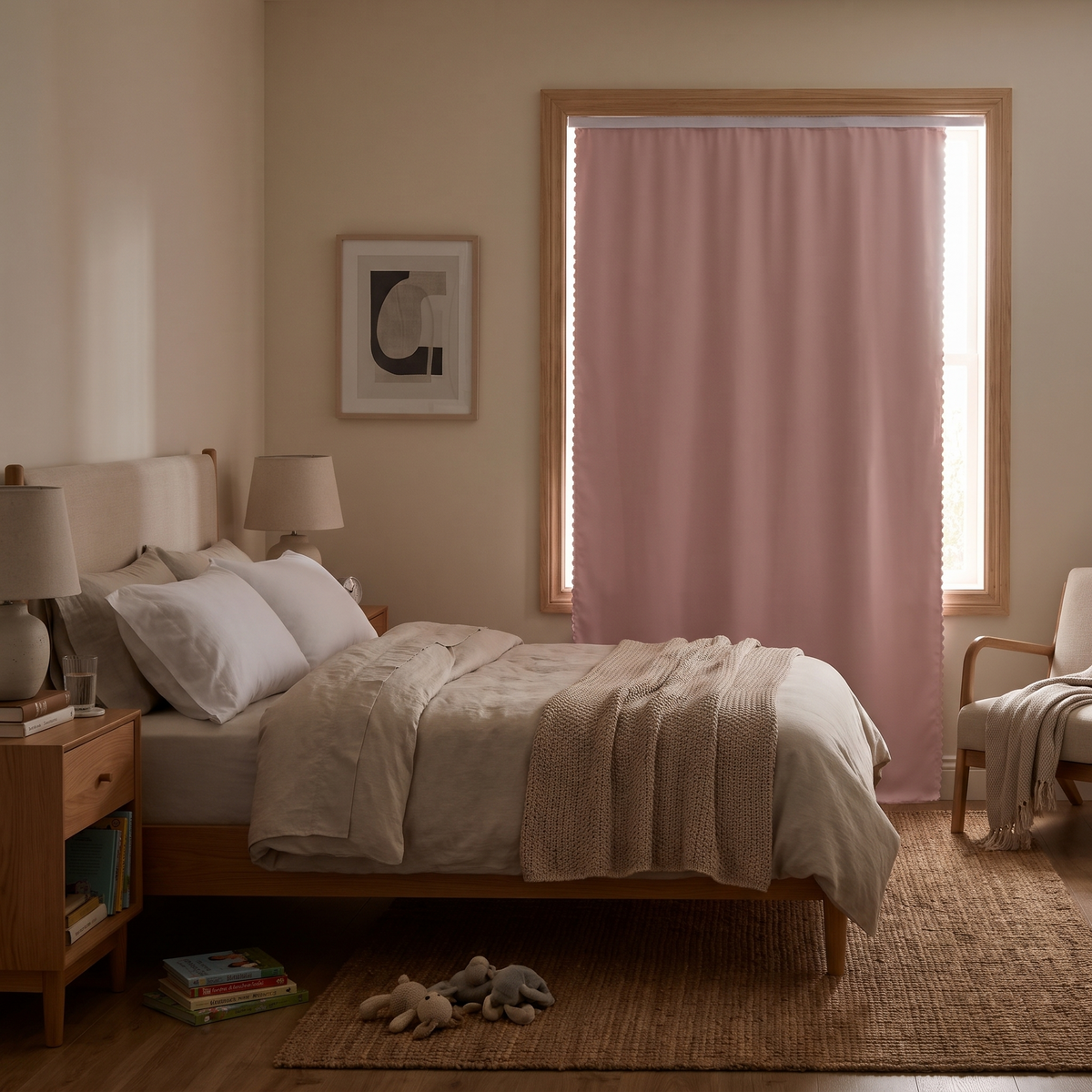 Pink blackout curtain on a bedroom window