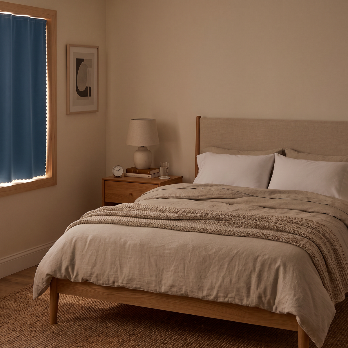 Blue blackout curtain on a bedroom window