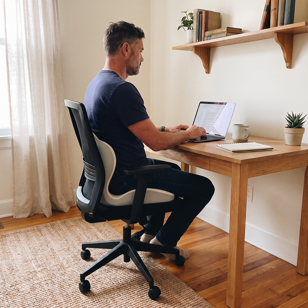 Sitting upright at a desk on the contoured seat cushion