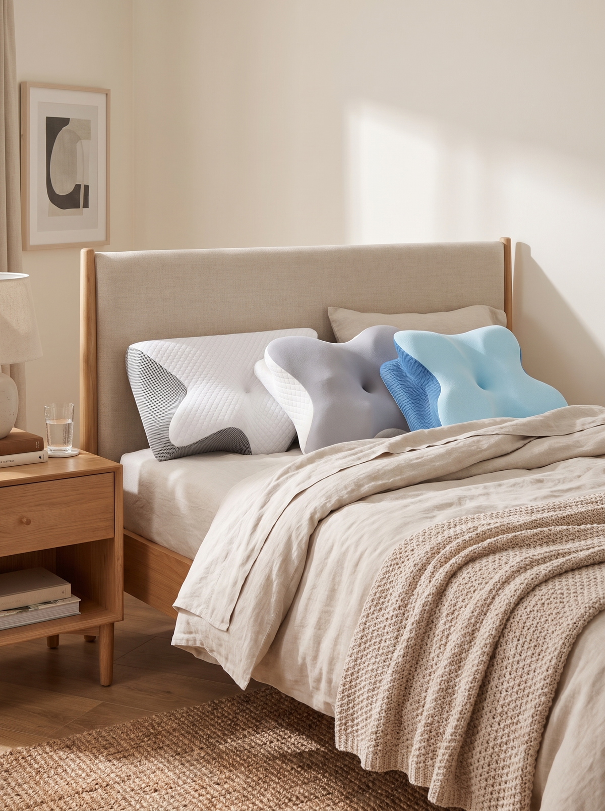 Three Coddley pillows in different shapes on a made bed