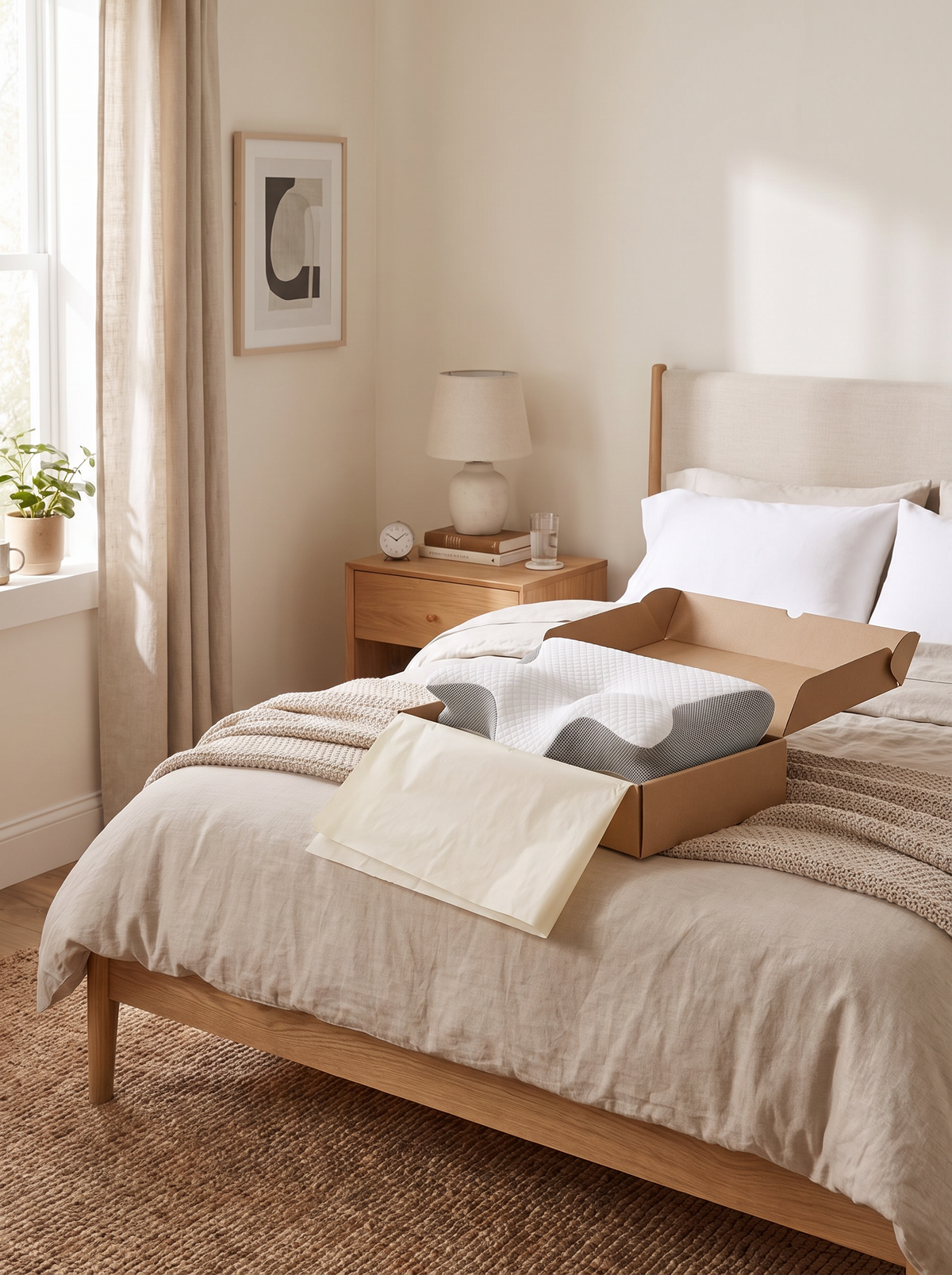 A Coddley pillow packed in an open shipping box on a made bed