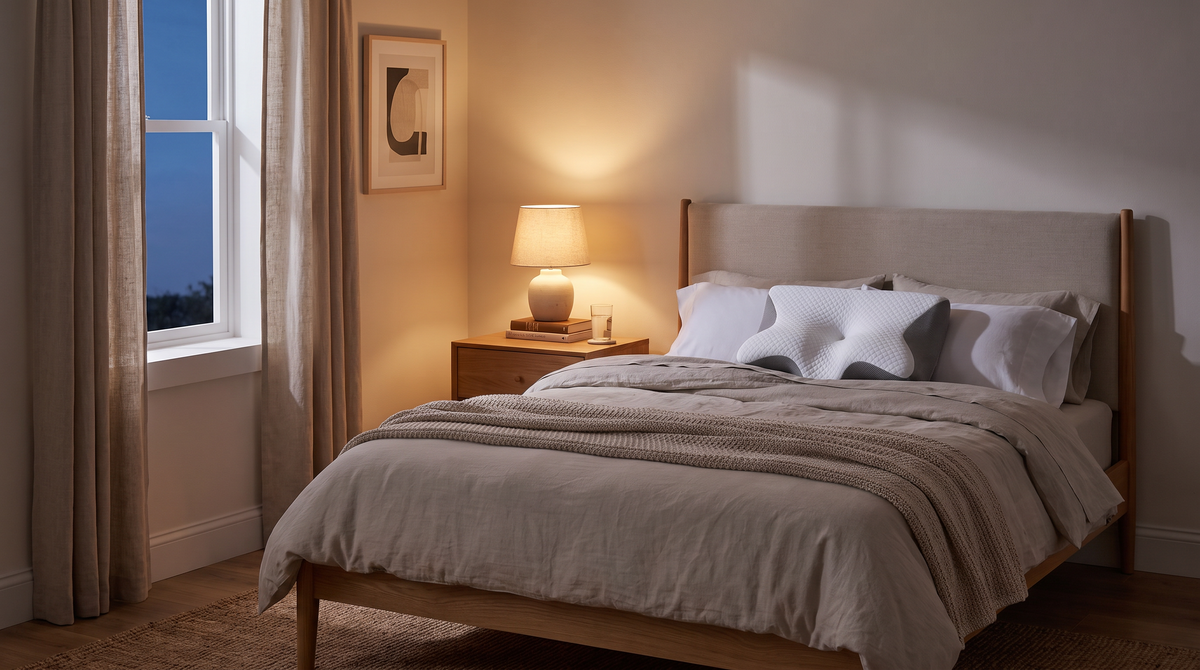 A calm bedroom at dusk with a Coddley contour pillow